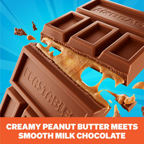 Cross-section shows creamy peanut butter center inside Feastables MrBeast bar.