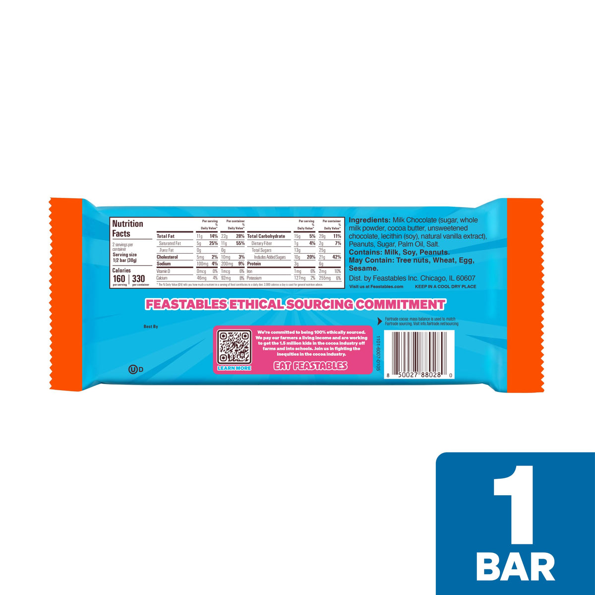 Ingredients panel emphasizes quality components in Feastables MrBeast bar.
