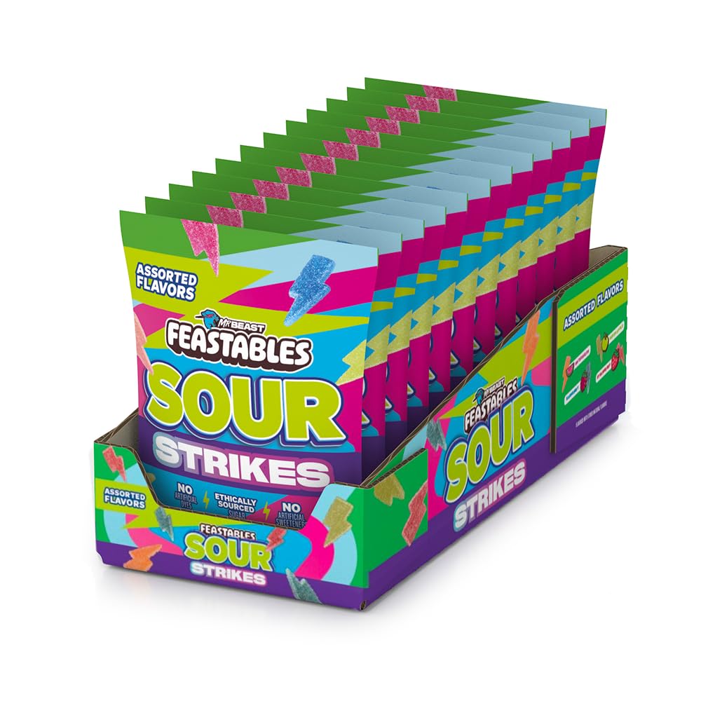 Feastables MrBeast Sour Strikes bolt gummies pack for sharing and snacking.