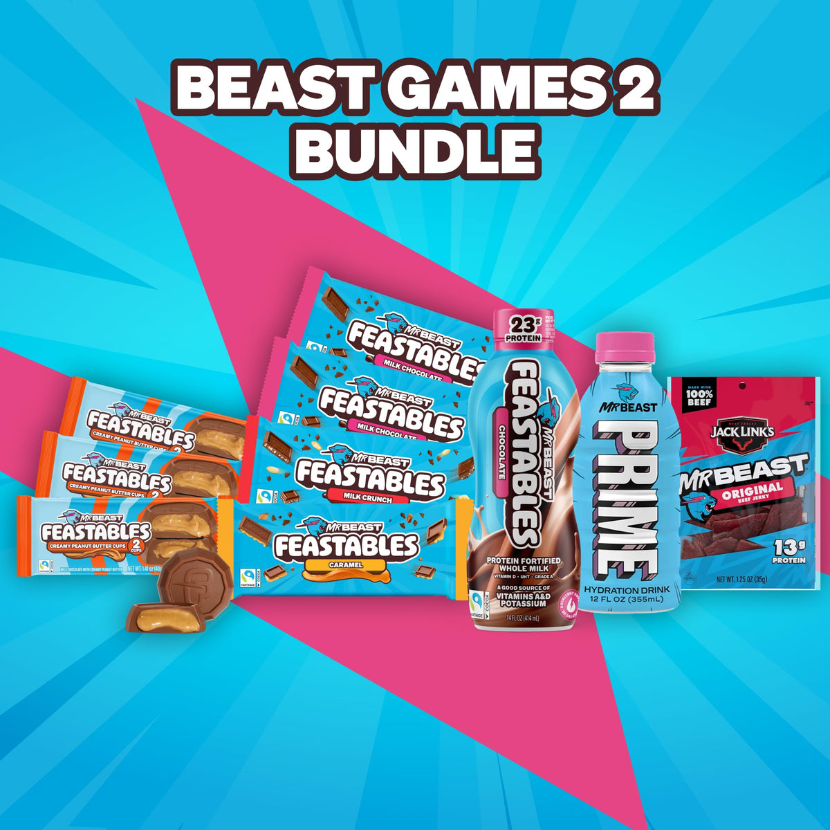 Feastables variety snack box display showing fan favorites