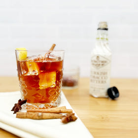 Fee Brothers Aztec Chocolate Bitters 2-pack display promotes versatile cocktail crafting