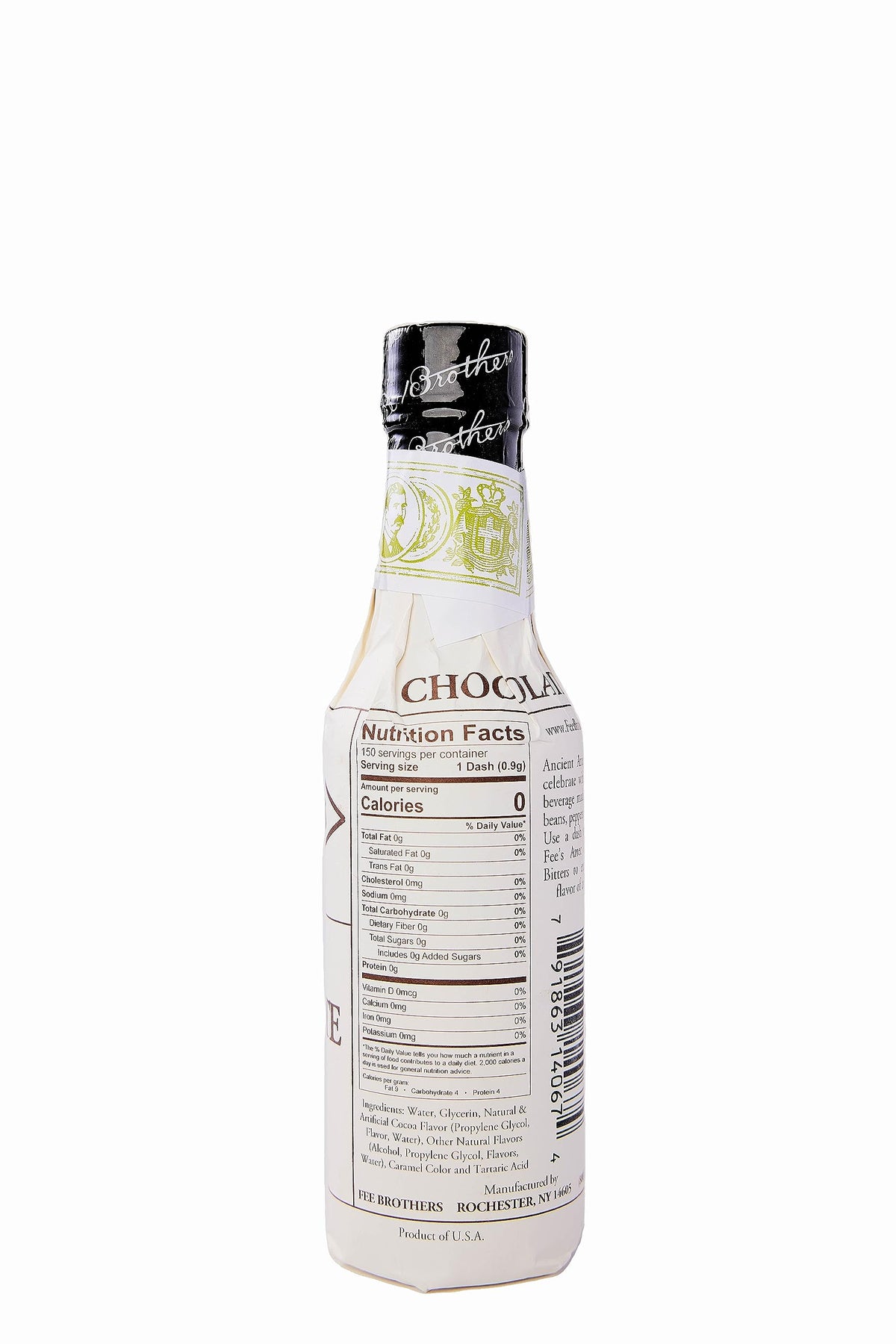 Fee Brothers Aztec Chocolate Bitters label close-up highlighting cacao and spice notes