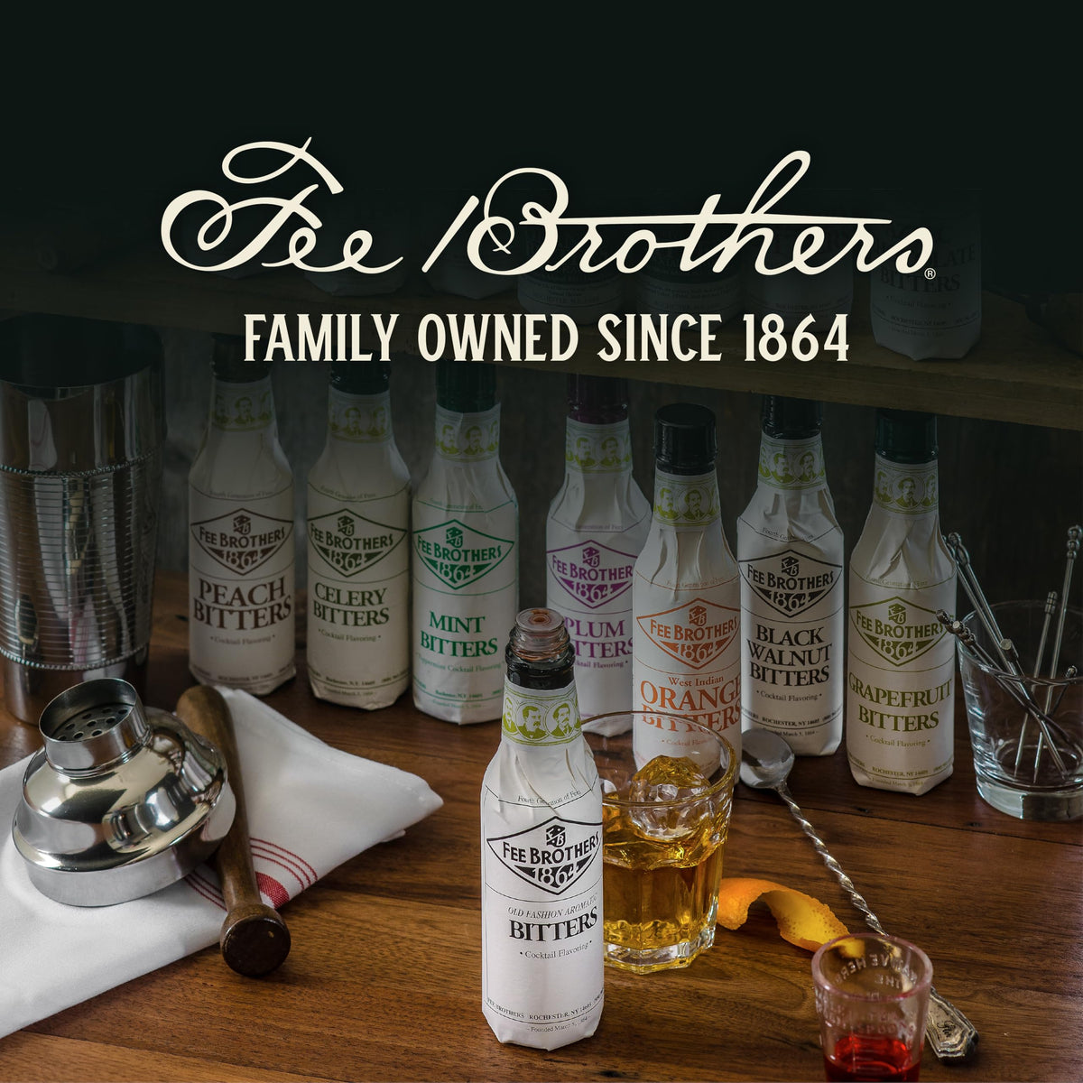 Fee Brothers Bitters Label closeup highlighting premium ingredients and branding.
