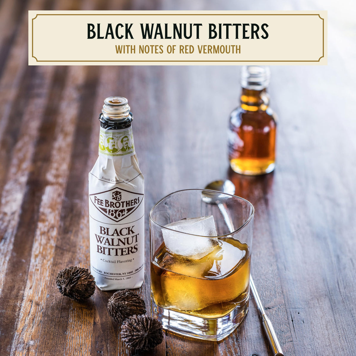 Fee Brothers Black Walnut Bitters bottle label close-up shows premium flavoring details.