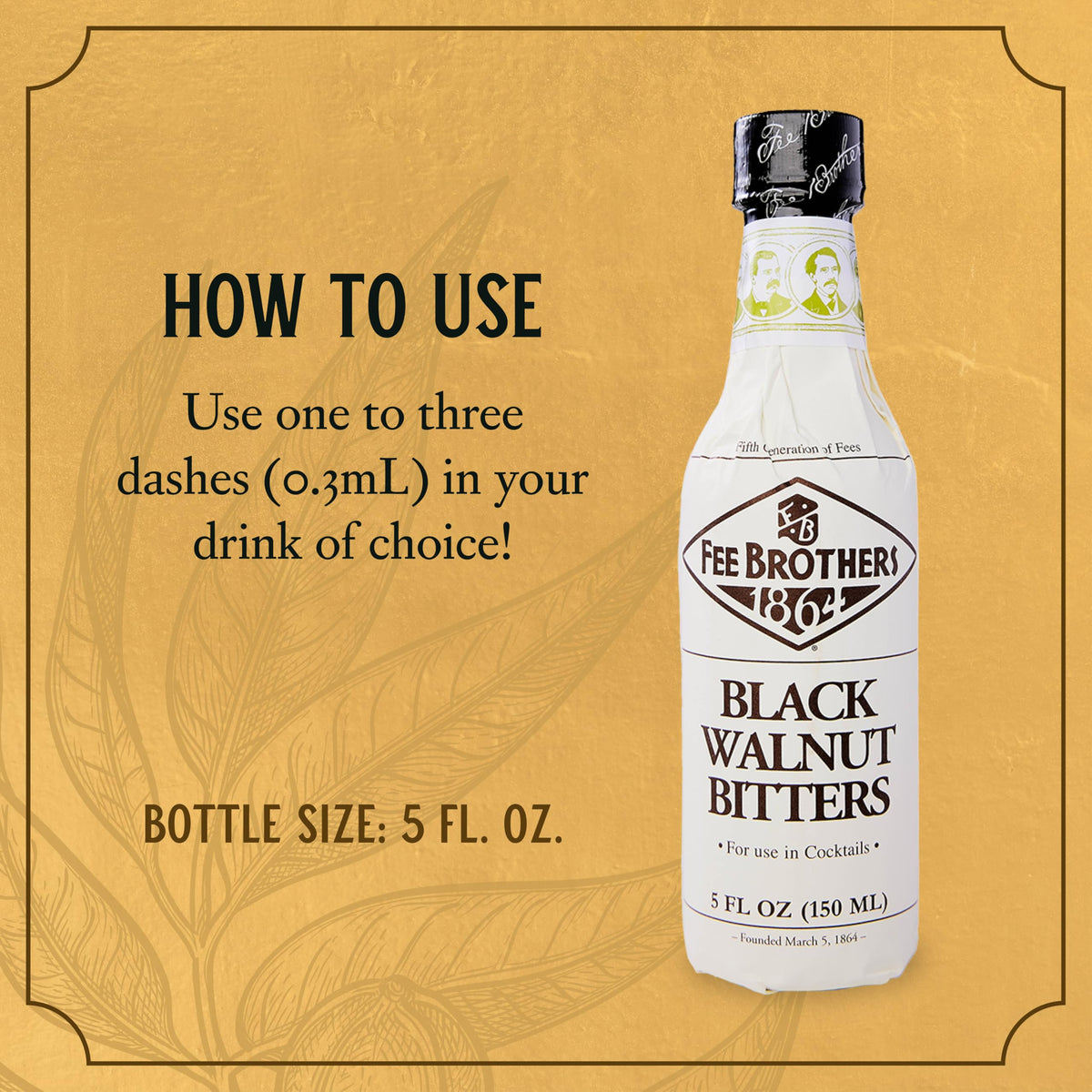 Fee Brothers Black Walnut Bitters on wood counter evokes nutty depth for cocktails.
