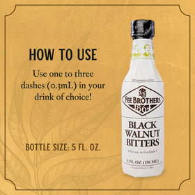 Fee Brothers Black Walnut Bitters on wood counter evokes nutty depth for cocktails.