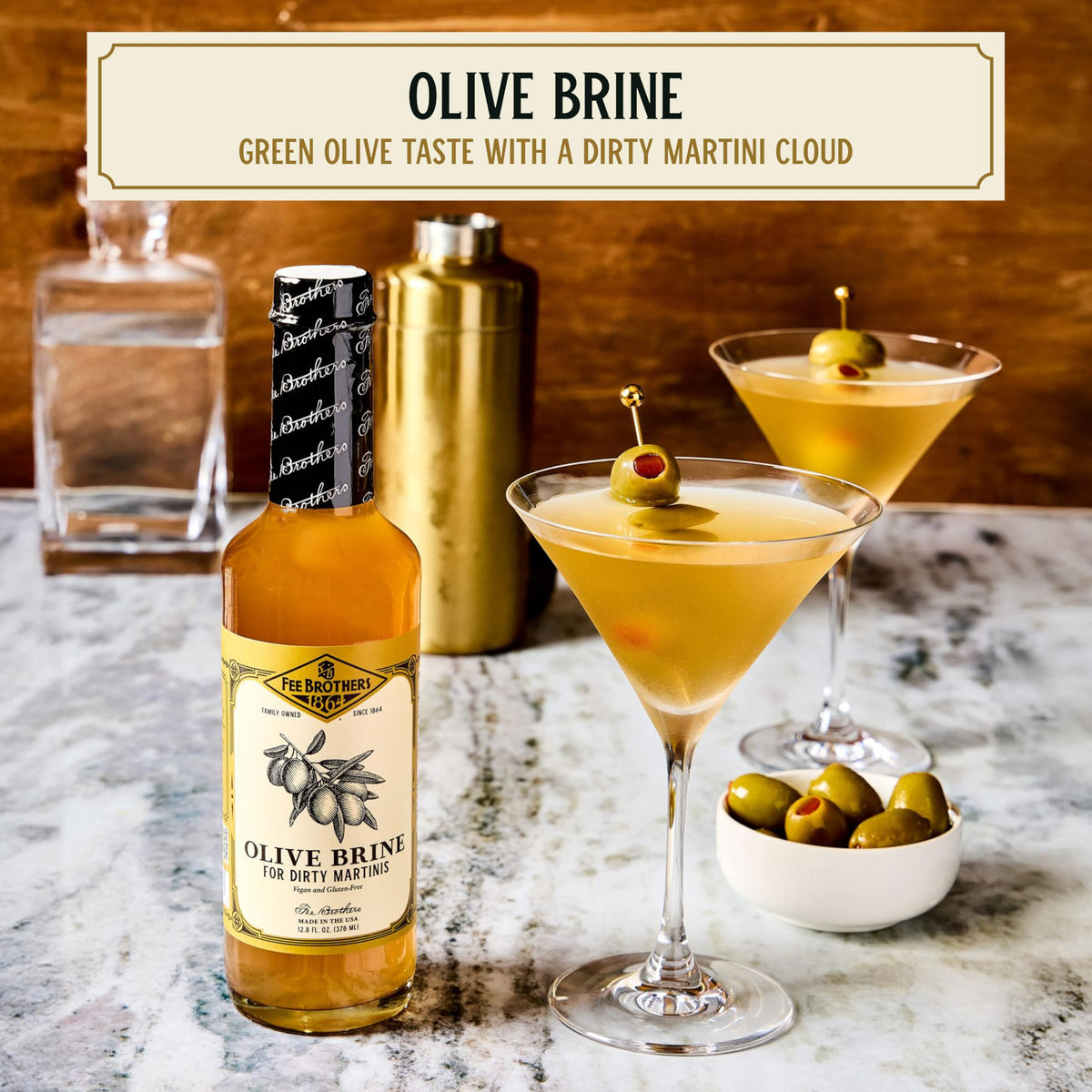 Fee Brothers Dirty Martini Olive Juice adds cloudy, premium texture to cocktails