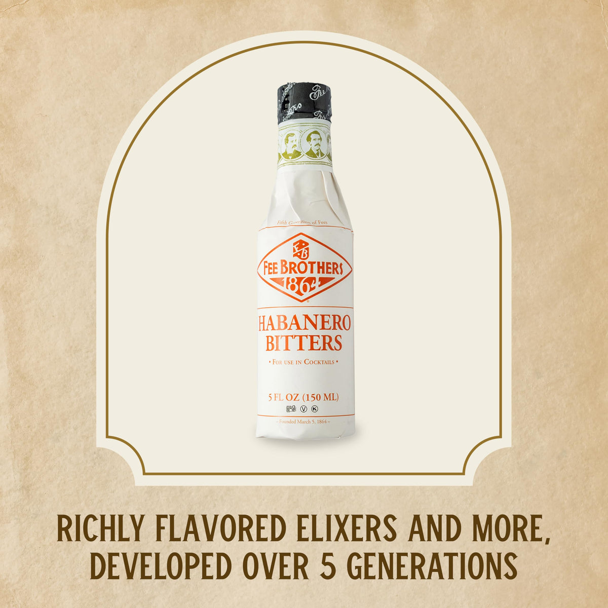 Vintage packaging evokes family craft heritage and five-generation expertise