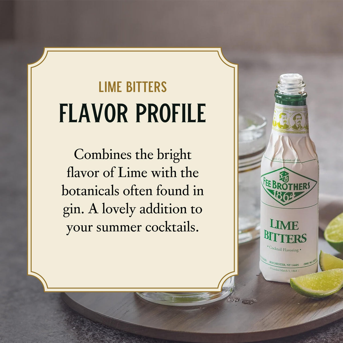 Fee Brothers Lime Bitters label closeup emphasizes heritage and quality.