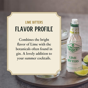 Fee Brothers Lime Bitters label closeup emphasizes heritage and quality.