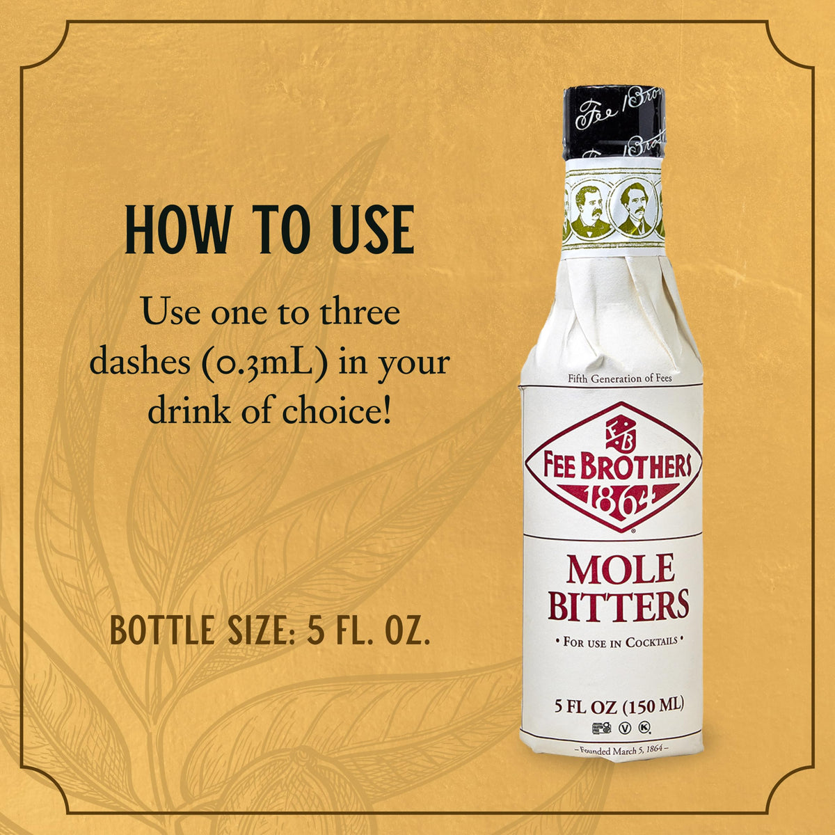 Fee Brothers Mole Bitters label detail highlighting cacao notes for cocktails.