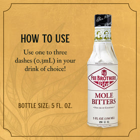 Fee Brothers Mole Bitters label detail highlighting cacao notes for cocktails.