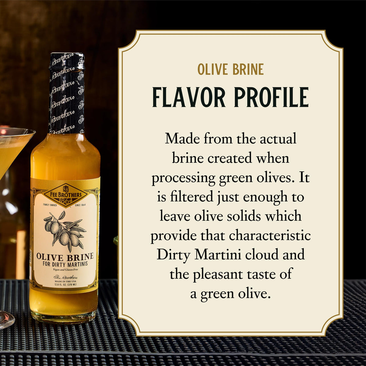 Side view of Fee Brothers Olive Brine bottle highlighting pour