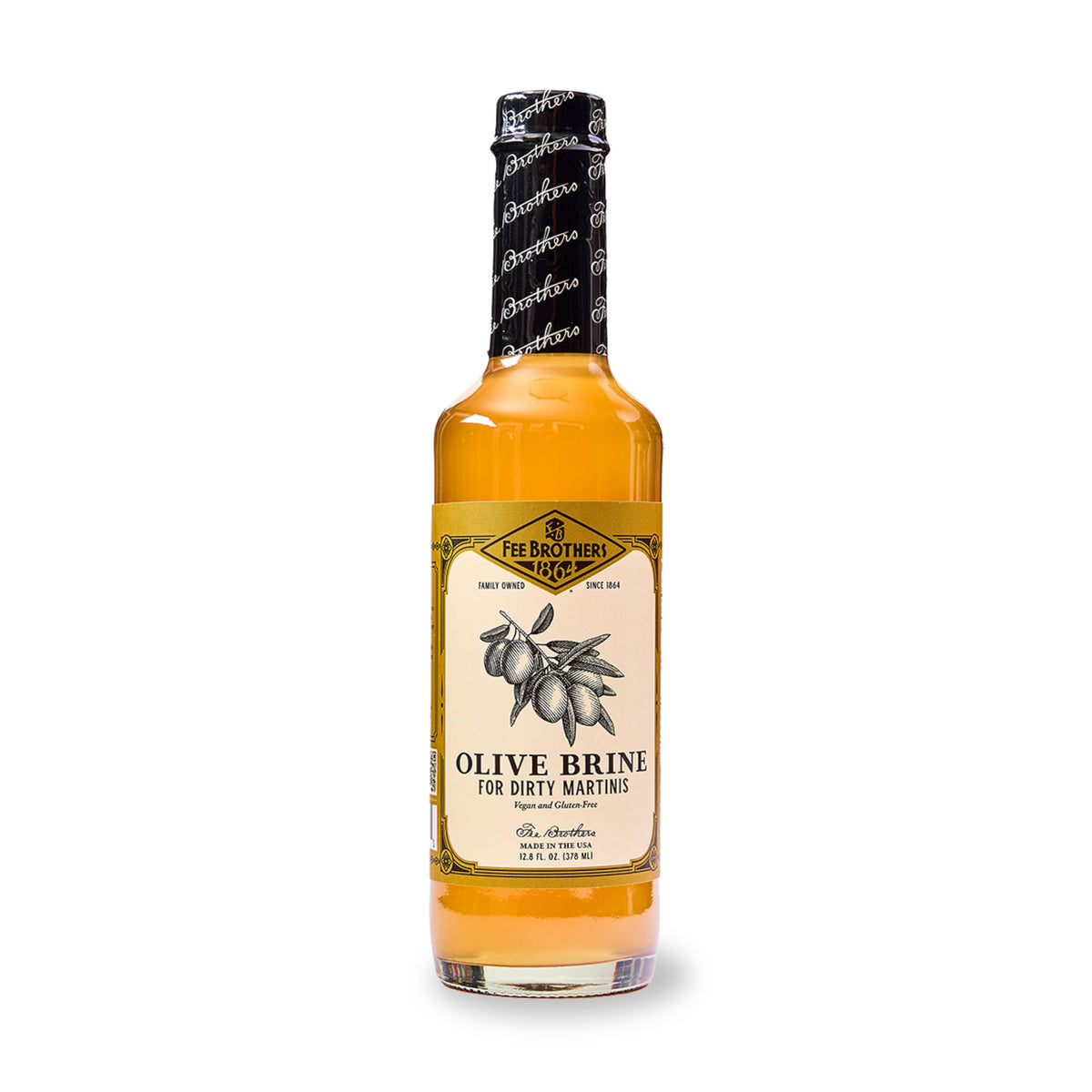 Fee Brothers Olive Brine bottle for authentic dirty martinis with real olive solids