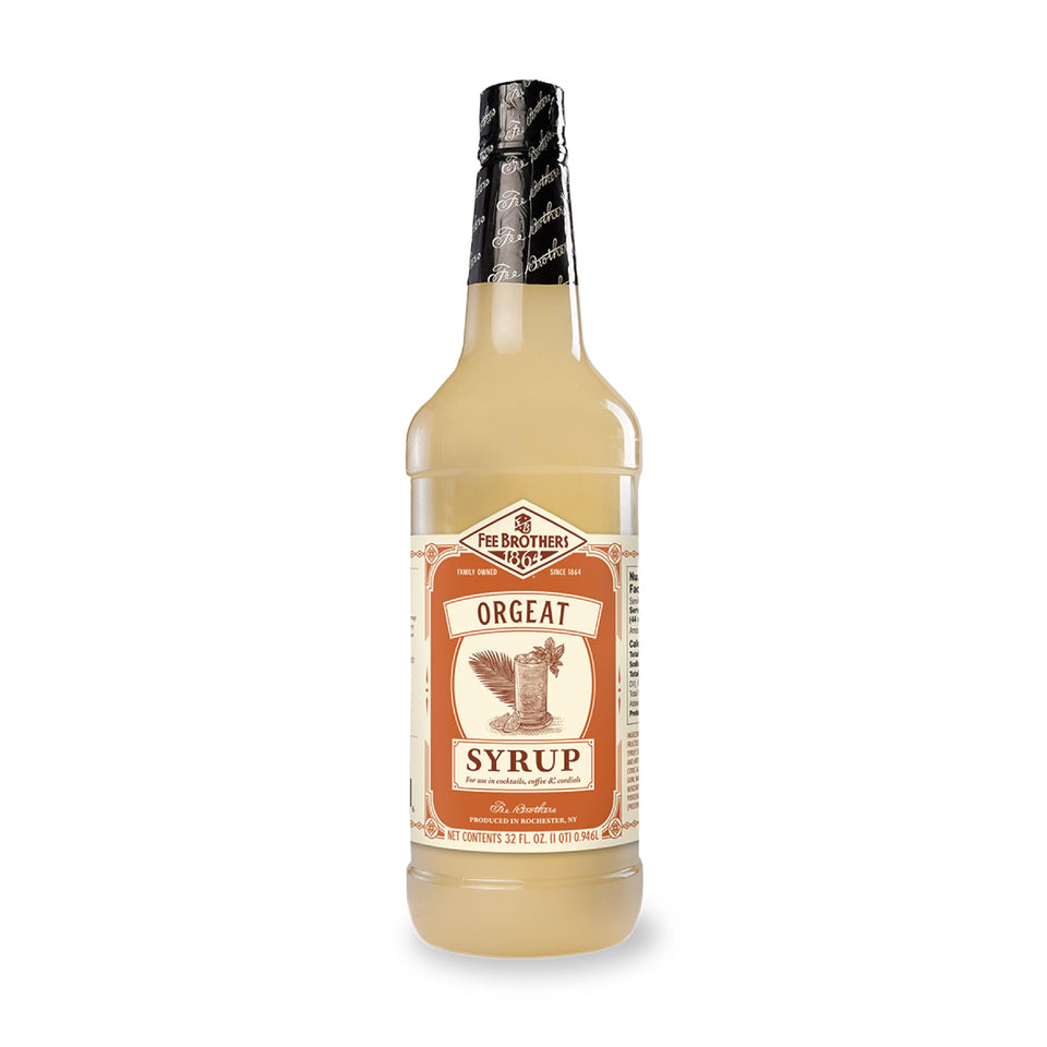 Fee Brothers Orgeat Syrup bottle pour enhances cocktails with balanced almond flavor.