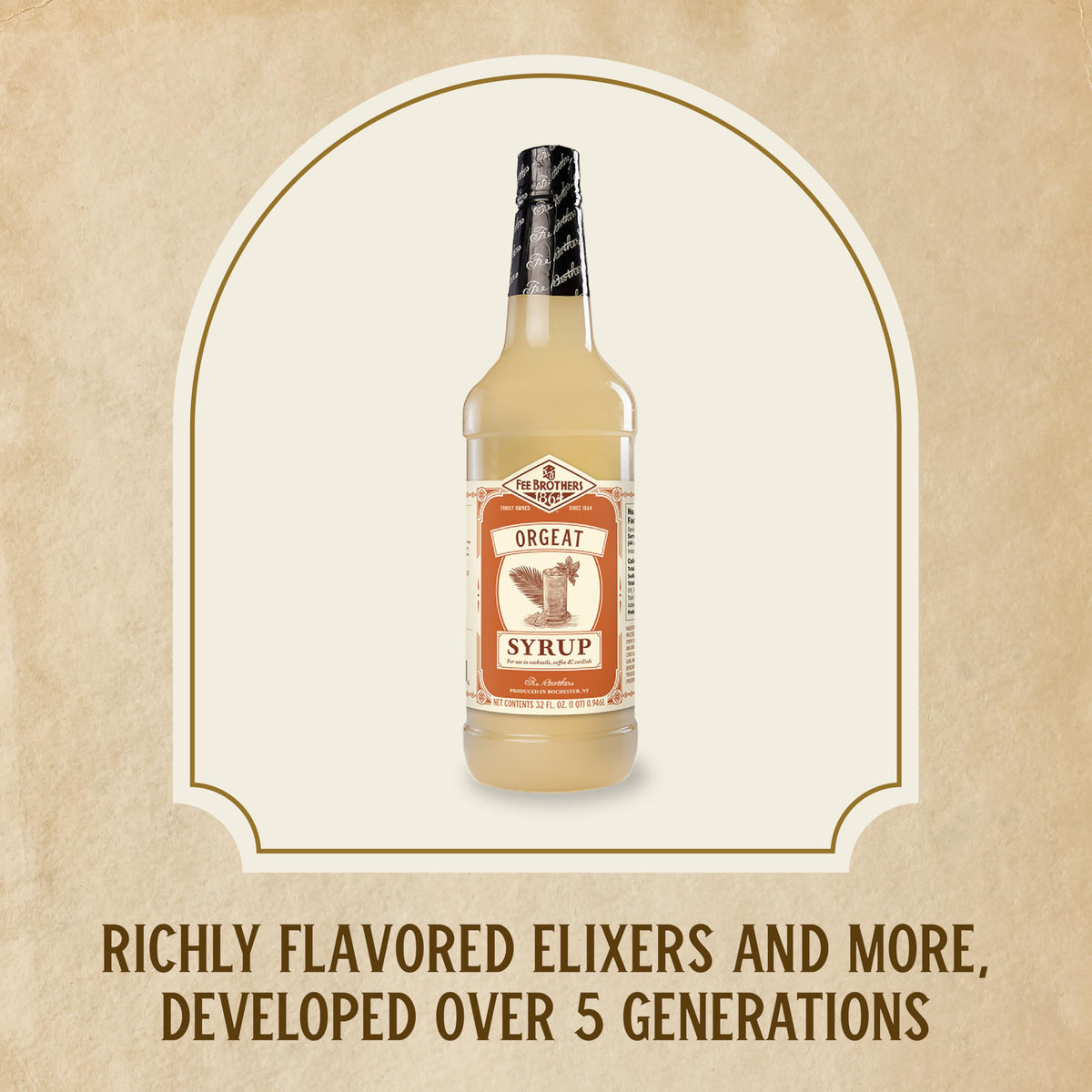 Fee Brothers Orgeat Syrup label closeup highlights quality and flavor craftsmanship.