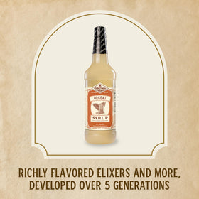 Fee Brothers Orgeat Syrup label closeup highlights quality and flavor craftsmanship.