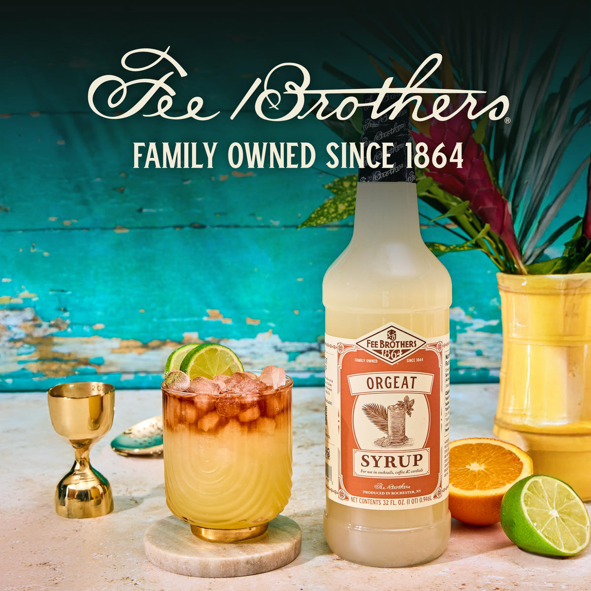 Fee Brothers Orgeat Syrup twist pour captures elegant café-style beverages.