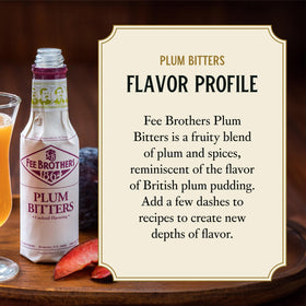 Packaging closeup of Fee Brothers Plum Bitters highlights vegan and gluten-free ingredients