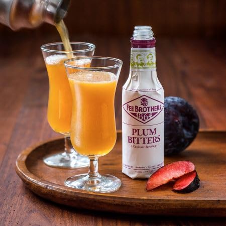 Fee Brothers Plum Cocktail Bitters 2-pack pour shot suggesting aroma and versatility.
