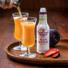 Fee Brothers Plum Cocktail Bitters 2-pack pour shot suggesting aroma and versatility.