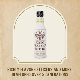 Fee Brothers Aztec Bitters bottle on bar evokes traditional bartending craft.