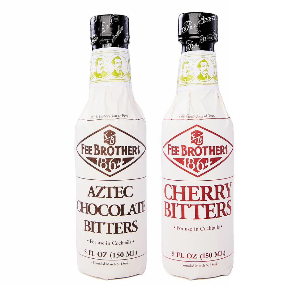 Fee Brothers Aztec Chocolate Bitters bottle closeup showing rich cacao aroma for cocktails.