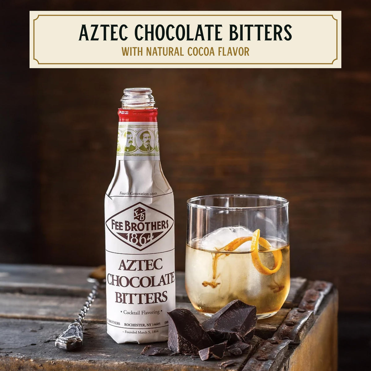 Fee Brothers Aztec Chocolate Bitters label-closeup reveals cacao blends for balanced flavor.