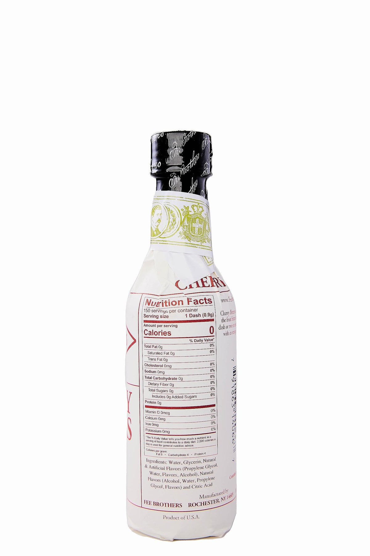 Fee Brothers Cherry Bitters bottle with pour spout highlighting fruit flavor for mixed drinks.
