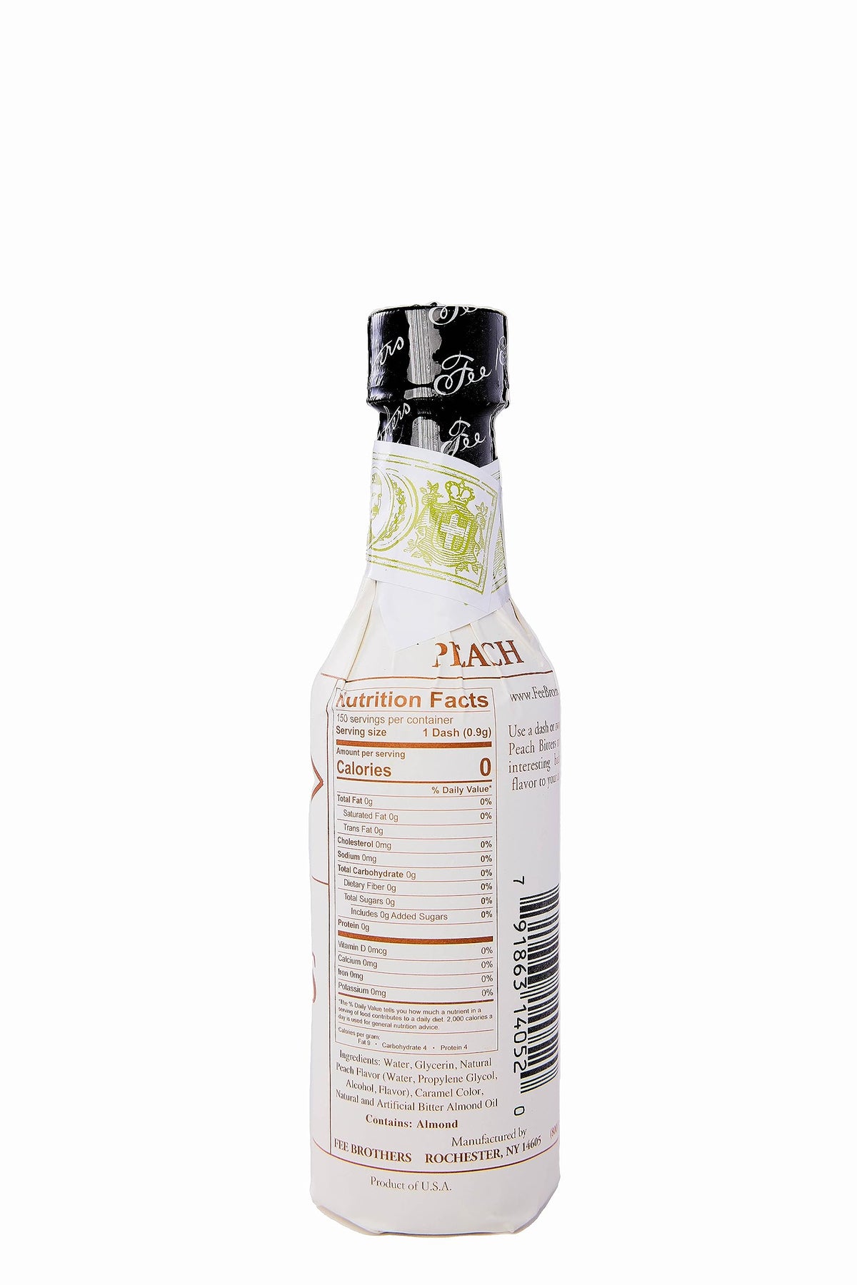 Fee Brothers Peach Cocktail Bitters label close-up highlighting peach aroma and quality.