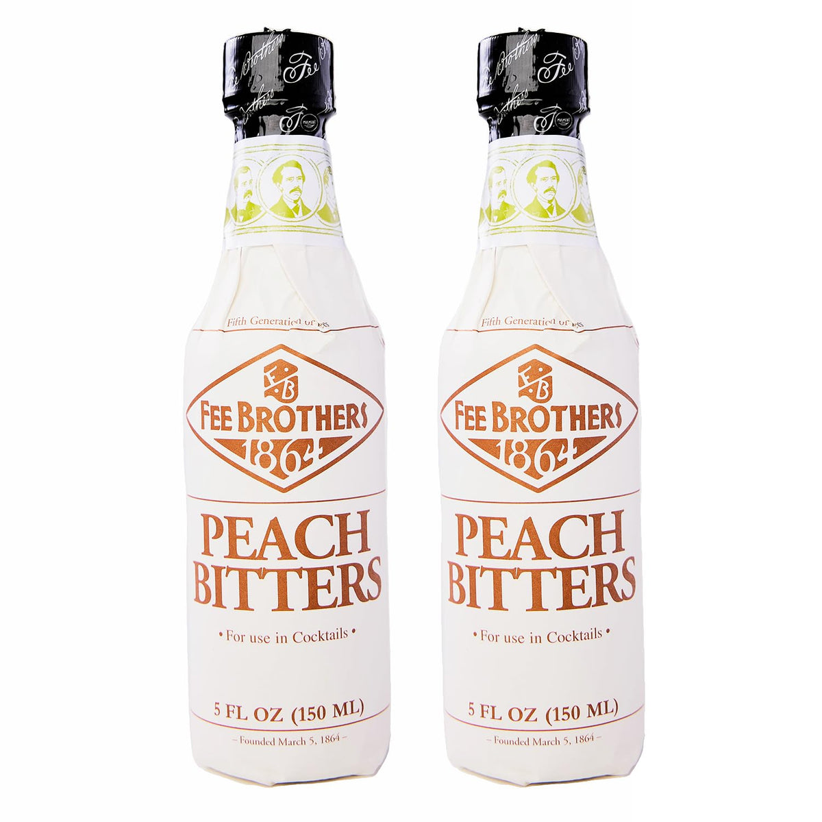 Fee Brothers Peach Cocktail Bitters bottles in a two-pack, perfect for crafting peach-forward cocktails.