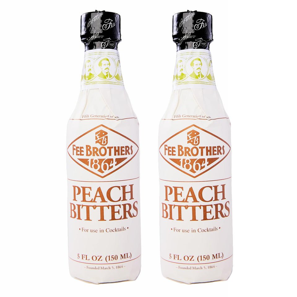 Fee Brothers Peach Cocktail Bitters bottles in a two-pack, perfect for crafting peach-forward cocktails.