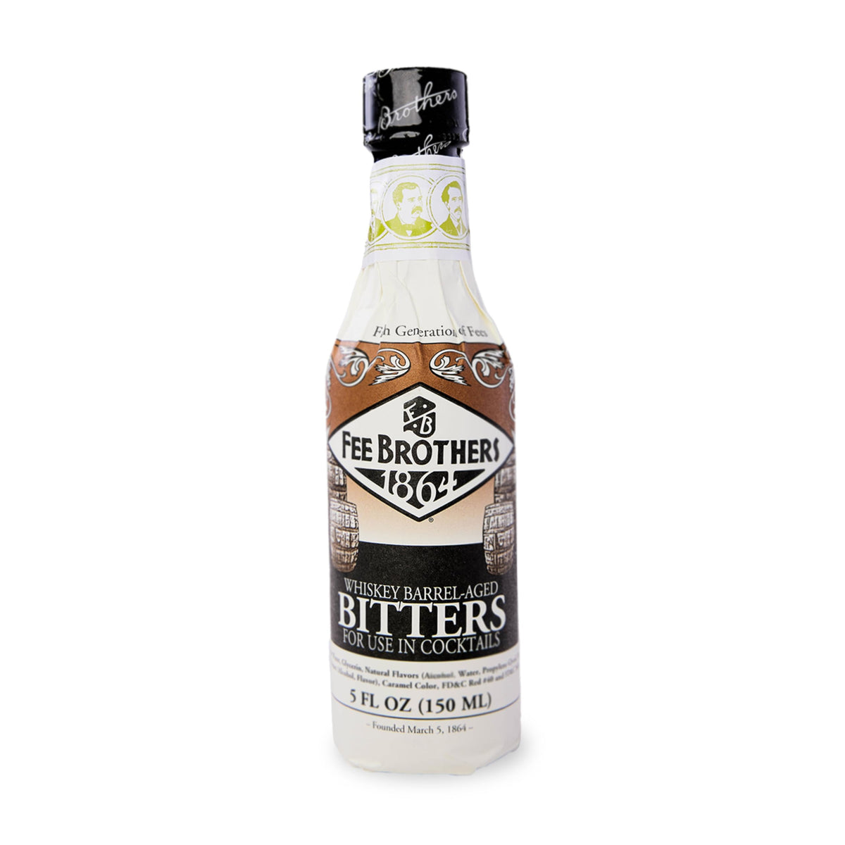 Fee Brothers whiskey barrel-aged bitters bottle; rich aroma enhances classic cocktails.