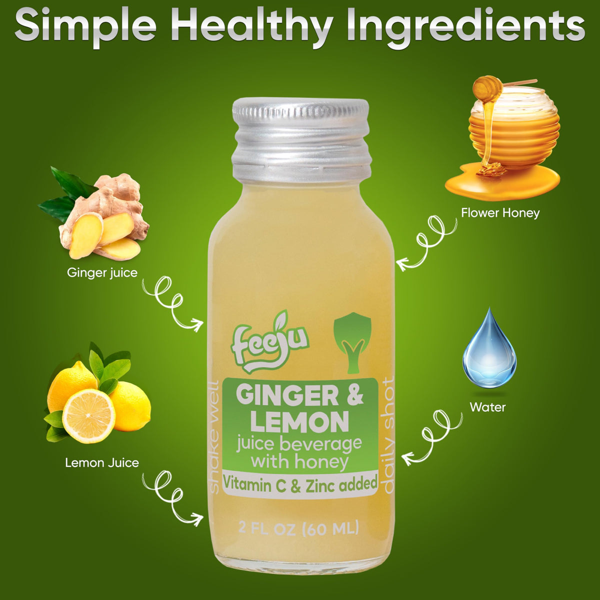 Feeju 60ml bottle of lemon-ginger-honey shot illustrated for daily energy.