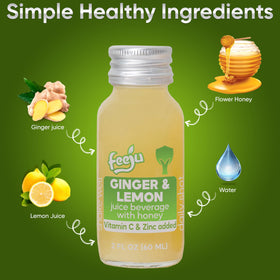 Feeju 60ml bottle of lemon-ginger-honey shot illustrated for daily energy.