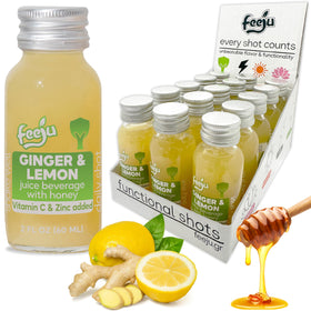 Feeju ginger-lemon-honey close-up highlighting natural ingredients and flavor.