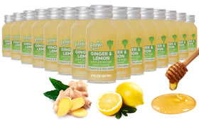 Feeju lemon-ginger shot bottle pour for a refreshing morning boost.