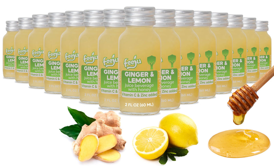 Feeju lemon-ginger shot bottle pour for a refreshing morning boost.
