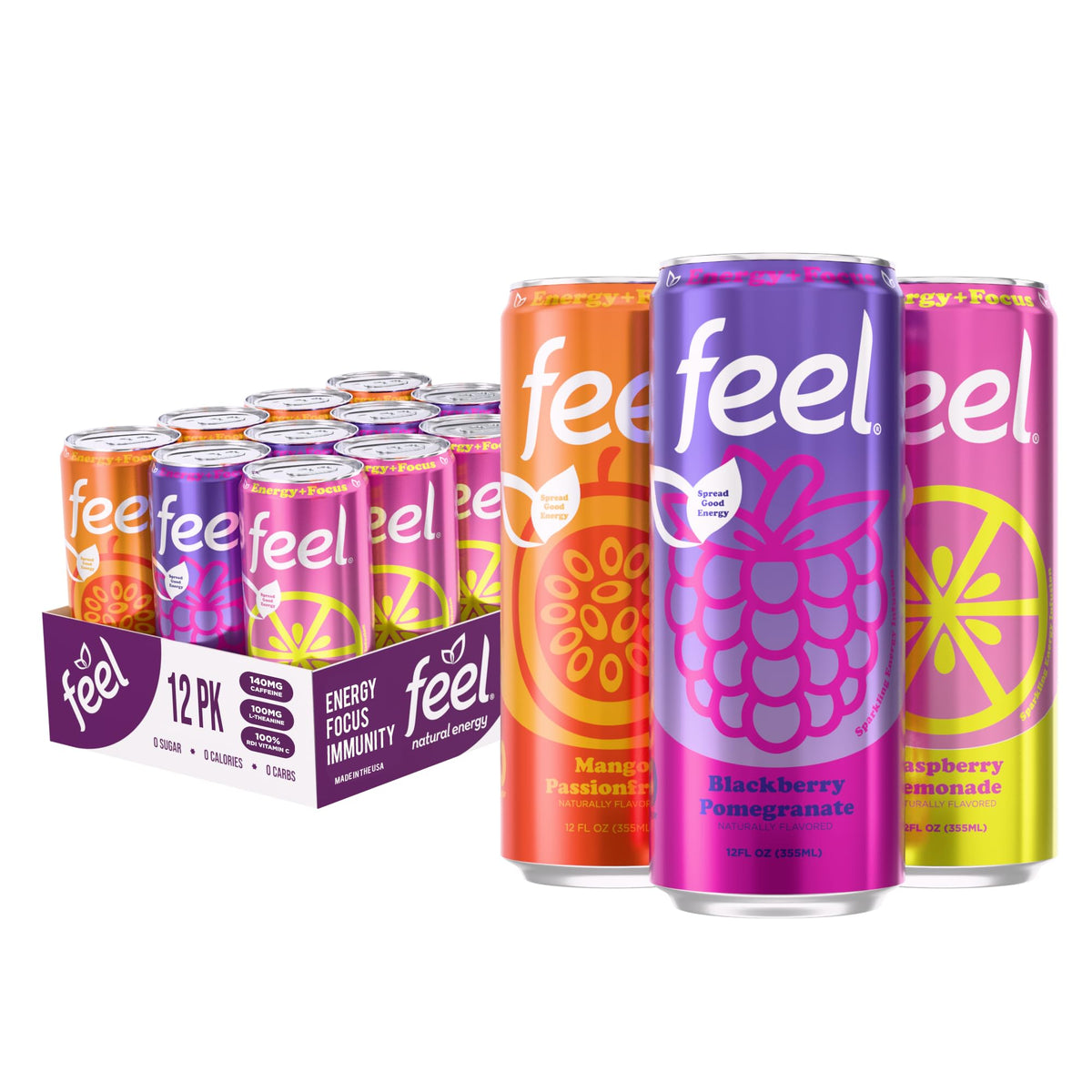 FEEL Variety Pack sparkling cans on ice showcase zero sugar energy for everyday refreshment.
