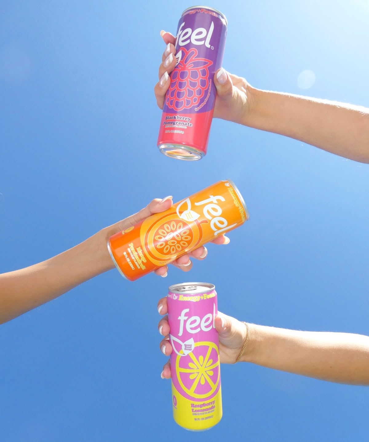 FEEL vitamin C boost label closeup communicates 100% daily value for a vitamin-forward option.
