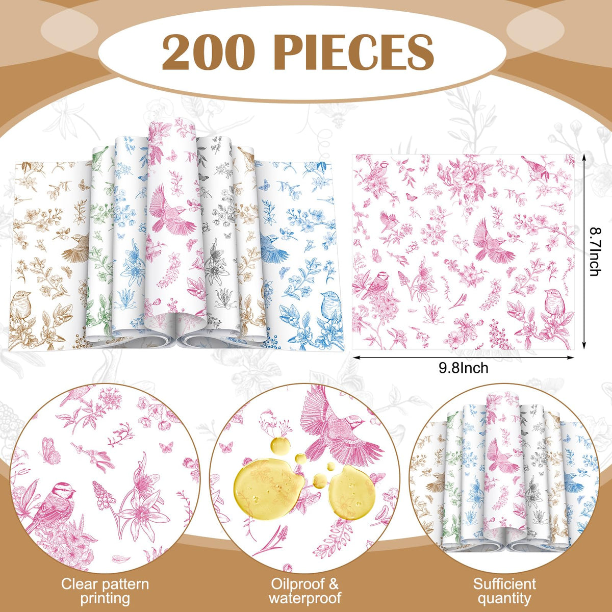 Feifeiya floral wax paper pink pattern ideal for gift packaging and party favors.