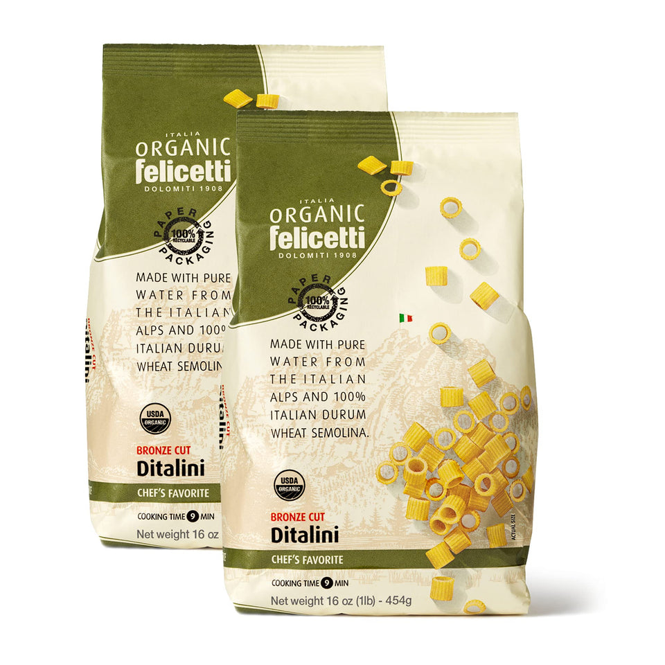 Felicetti Organic Ditalini Pasta 2-pack front view, ideal for quick, al dente dinners.