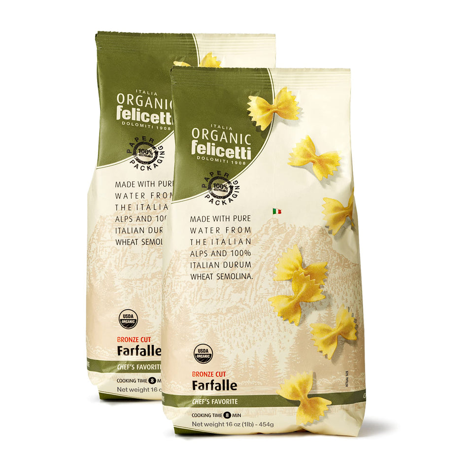 Felicetti Organic Farfalle pasta box; sustainable Italian sourcing for quick, delicious dinners.