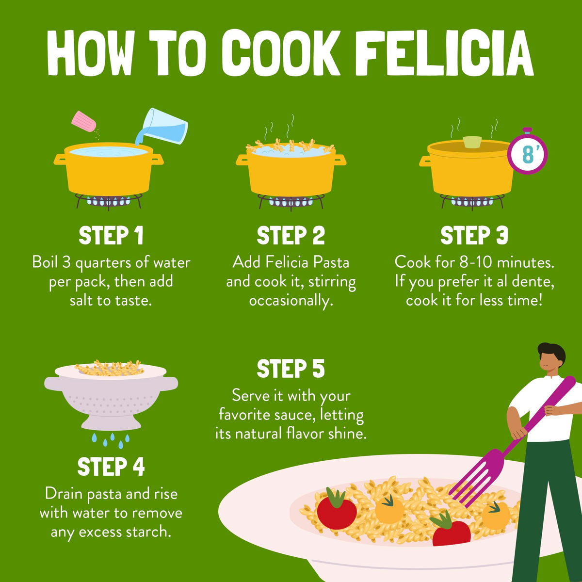 Felicia pasta boiling in water suggests quick, convenient meal ideas.