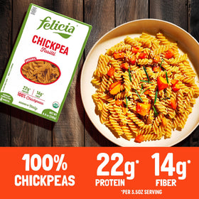 Felicia chickpea fusilli close-up shows 100% chickpeas for high protein.