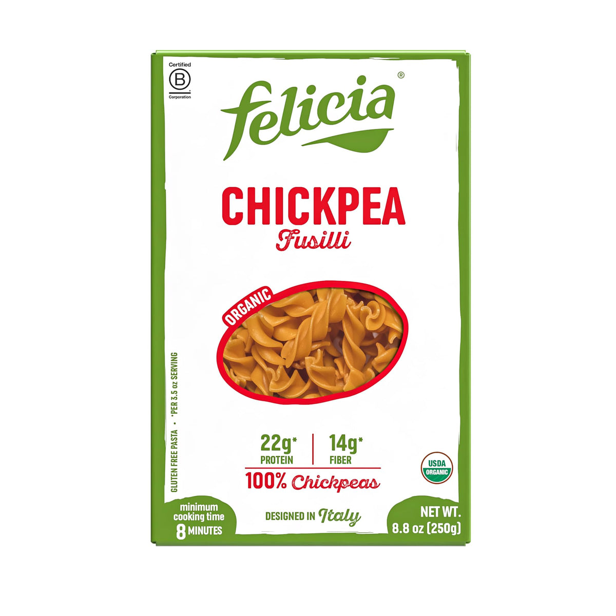 Felicia gluten-free pasta pack shot highlights protein and clean ingredients.