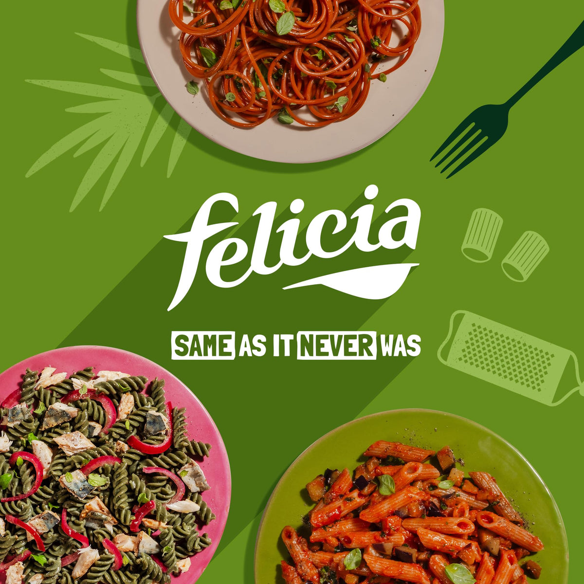 Felicia serving bowl shows ready-to-eat pasta with protein.