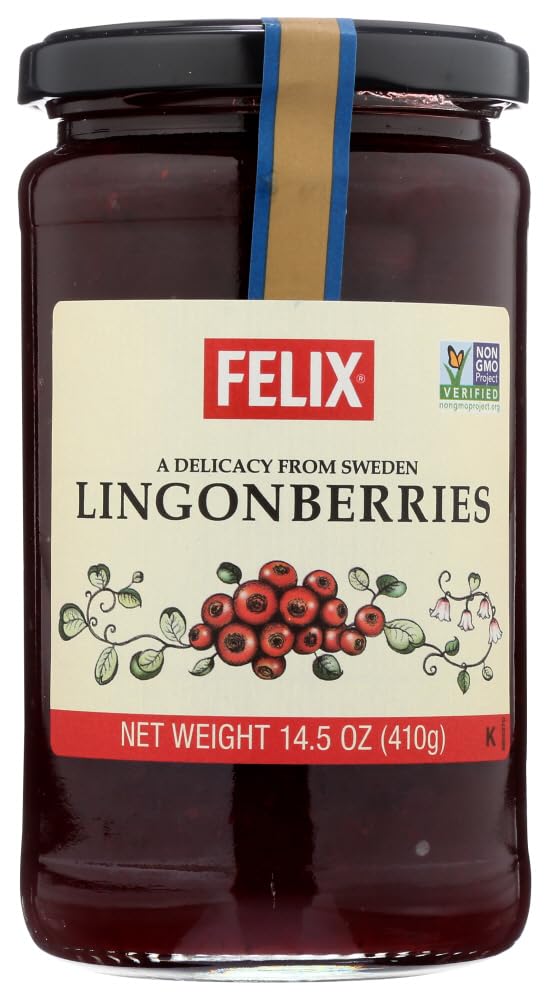 Felix lingonberry preserves jar front view, versatile pantry staple for Swedish-inspired breakfasts.