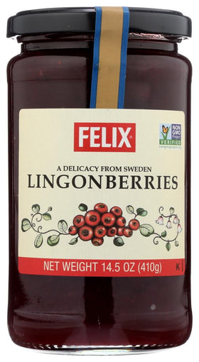 Felix lingonberry preserves jar front view, versatile pantry staple for Swedish-inspired breakfasts.