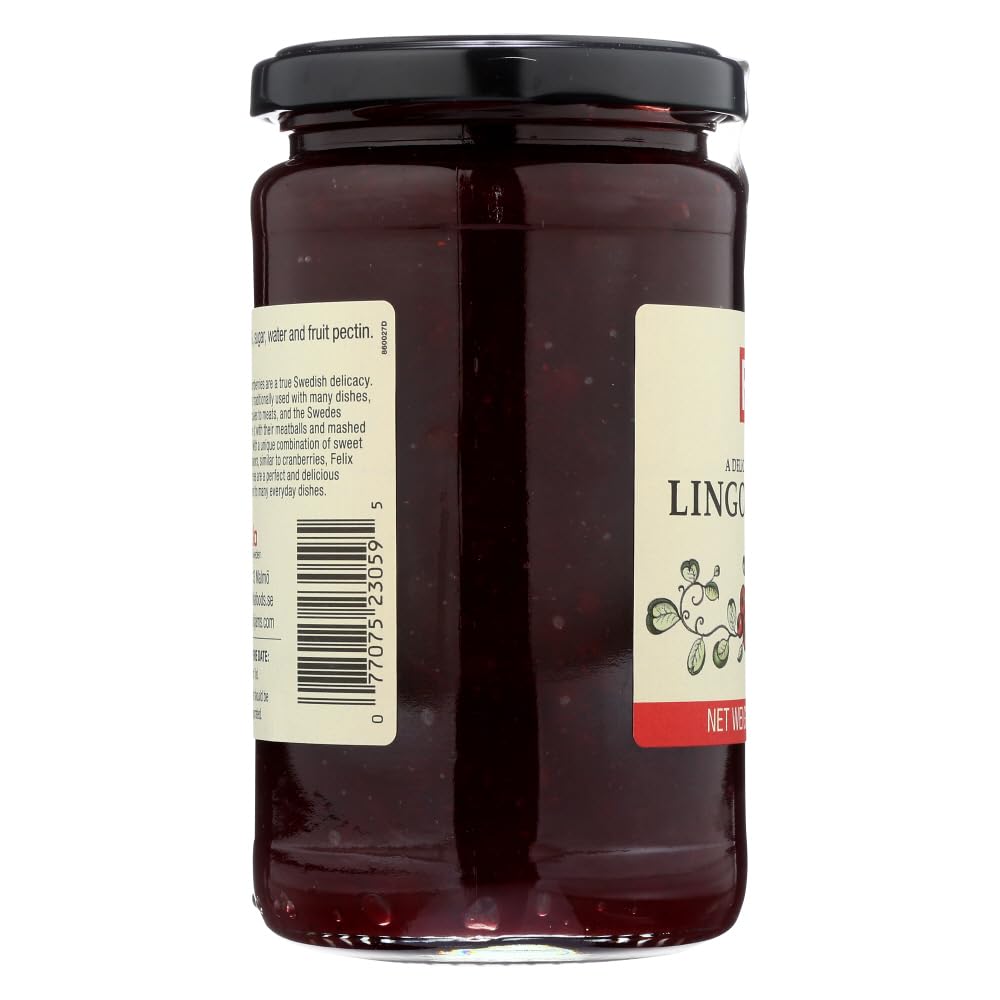 Felix lingonberry preserves jar label closeup, showcasing Swedish origin and rich fruit aroma.